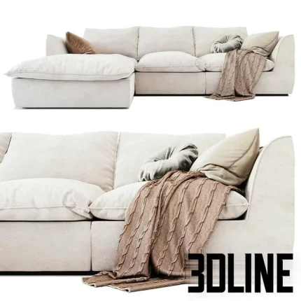 High-quality 3D model of Vosart Mabay luxury sectional sofa with deep cushions, chaise longue, and throw blanket