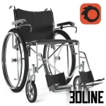 High-resolution 3D model of a manual stainless steel wheelchair with black fabric seat and large wheels for hospital and public space render