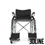 High-resolution 3D model of a manual stainless steel wheelchair with black fabric seat and large wheels for hospital and public space render