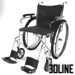 High-resolution 3D model of a manual stainless steel wheelchair with black fabric seat and large wheels for hospital and public space render