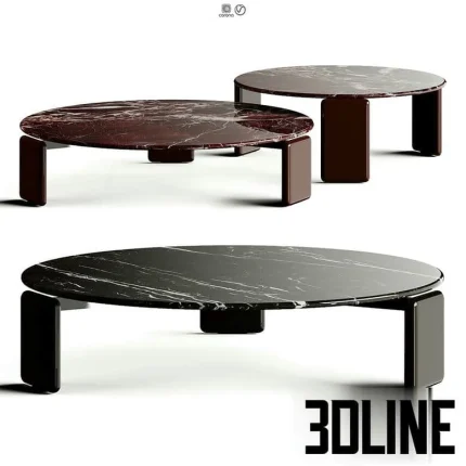 High-quality 3D model set of two round marble top coffee tables with thick, dark, and sculptural bases in two marble finishes