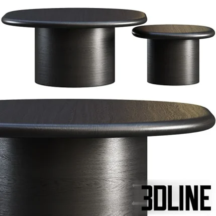 High-quality 3D model set of two round marble top coffee tables with thick, dark, and sculptural bases in two marble finishes