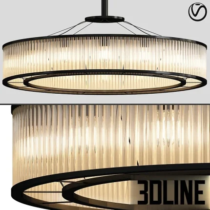 High-resolution 3D model of Marquee large round pendant lamp with vertical glass rods and black metal frame for luxury interior lighting