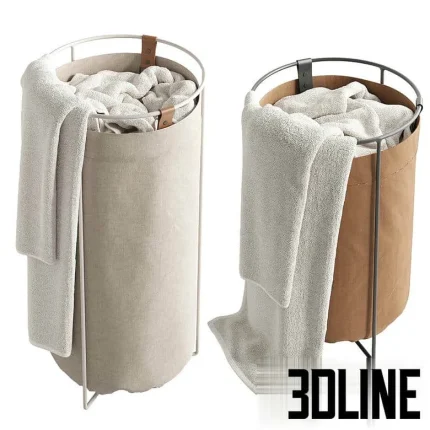 High-resolution 3D model set of two Mavis and Osborn modern fabric laundry baskets with metal frames and leather straps