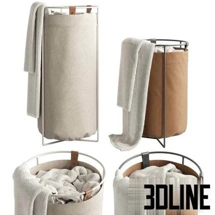 High-resolution 3D model set of two Mavis and Osborn modern fabric laundry baskets with metal frames and leather straps