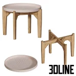 High-quality 3D model set of Mé-dan round coffee tables with perforated tray tops and light wood legs for Scandinavian interior visualization