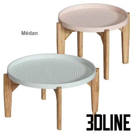 High-quality 3D model set of Mé-dan round coffee tables with perforated tray tops and light wood legs for Scandinavian interior visualization