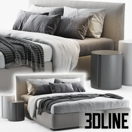 High-quality 3D model of Meridiani Scott upholstered fabric bed with minimalist headboard and soft luxury bedding