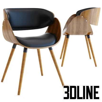 High-quality 3D model of a Mid-Century accent chair with curved plywood shell, black leather cushion, and wooden tapered legs