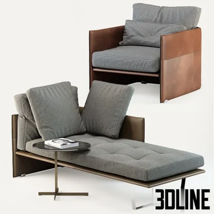High-end 3D model set of Minotti Luggage armchair and chaise lounge in cognac leather and patterned fabric upholstery