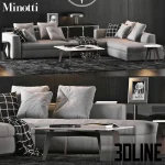 High-quality 3D model set of Minotti modular sectional sofa with high arms, deep seating, and accent throw pillows