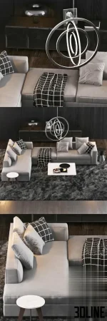 High-quality 3D model set of Minotti modular sectional sofa with high arms, deep seating, and accent throw pillows