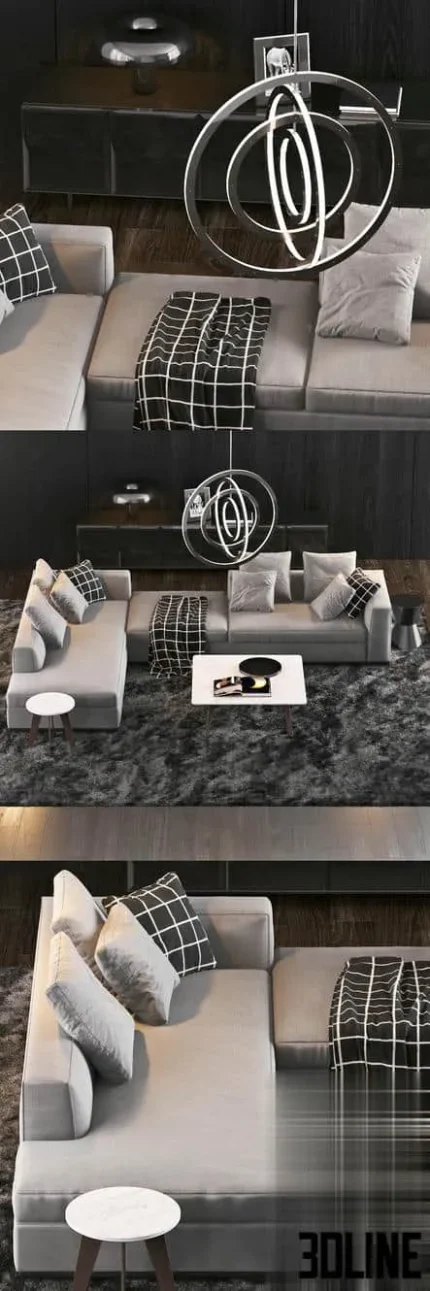 High-quality 3D model set of Minotti modular sectional sofa with high arms, deep seating, and accent throw pillows