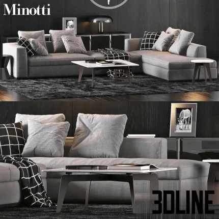 High-quality 3D model set of Minotti modular sectional sofa with high arms, deep seating, and accent throw pillows