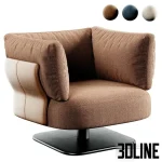 High-end 3D model of Minotti Saki swivel armchair with thick cushions and square metal base in leather and velvet options