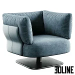 High-end 3D model of Minotti Saki swivel armchair with thick cushions and square metal base in leather and velvet options