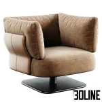 High-end 3D model of Minotti Saki swivel armchair with thick cushions and square metal base in leather and velvet options