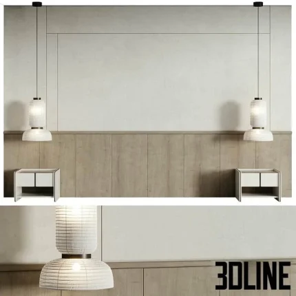 High-resolution 3D model of a modern bedroom headboard wall composition with wood paneling, white fabric center, nightstands, and pendant lights
