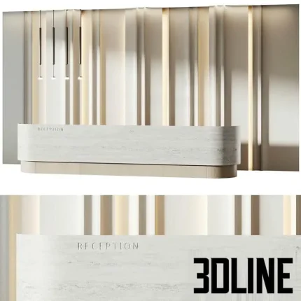 High-resolution 3D model of a modern curved reception desk with marble cladding, decorative vertical panels, and integrated lighting