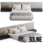 High-resolution 3D model of a modern double bed with wide fabric headboard paneling and integrated floating nightstands