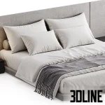 High-resolution 3D model of a modern double bed with wide fabric headboard paneling and integrated floating nightstands