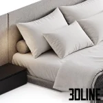 High-resolution 3D model of a modern double bed with wide fabric headboard paneling and integrated floating nightstands