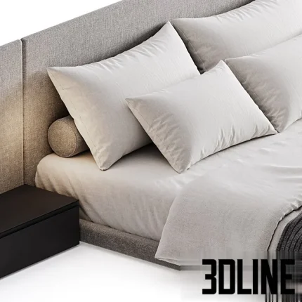 High-resolution 3D model of a modern double bed with wide fabric headboard paneling and integrated floating nightstands