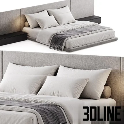 High-resolution 3D model of a modern double bed with wide fabric headboard paneling and integrated floating nightstands