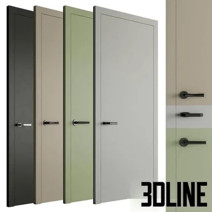 High-resolution 3D model set of modern interior doors with minimalist frame and lever handles in multiple color finishes