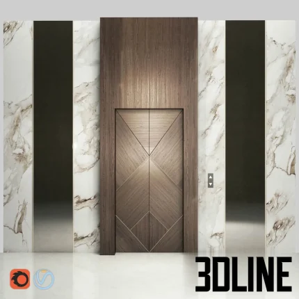 High-resolution 3D model of a modern luxury elevator lobby and door with marble panels and geometric wood veneer cladding