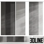 High-resolution 3D model set of modern sliding panel curtains in various grey/black fabric colors for minimalist window treatment