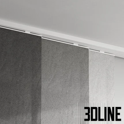 High-resolution 3D model set of modern sliding panel curtains in various grey/black fabric colors for minimalist window treatment