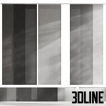 High-resolution 3D model set of modern sliding panel curtains in various grey/black fabric colors for minimalist window treatment