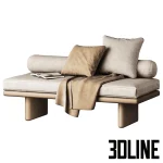 High-quality 3D model of a modern window seat daybed with bolster cushion, throw blanket, and wooden block legs