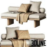 High-quality 3D model of a modern window seat daybed with bolster cushion, throw blanket, and wooden block legs