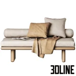 High-quality 3D model of a modern window seat daybed with bolster cushion, throw blanket, and wooden block legs