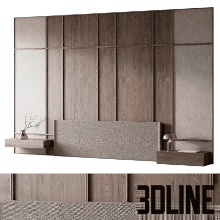 High-resolution 3D model of a modern wooden headboard wall panel with integrated fabric section and subtle metal trim