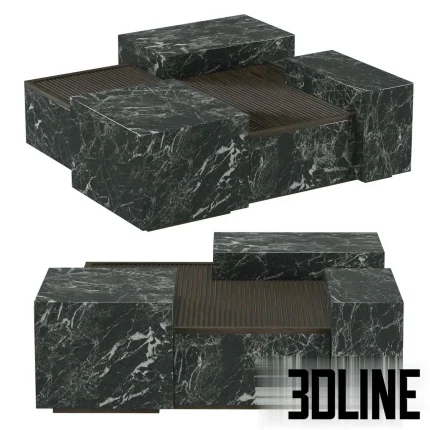 High-resolution 3D model of a modular coffee table with black marble cubes and central wood slatted surface