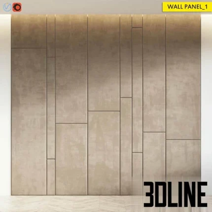 High-resolution 3D model of a modern modular wall panel set with large, seamless rectangular slabs and subtle lighting for contemporary interior