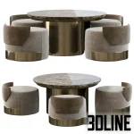 High-resolution 3D model of Moka luxury round marble dining table with four velvet upholstered stools and brass bases