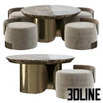 High-resolution 3D model of Moka luxury round marble dining table with four velvet upholstered stools and brass bases