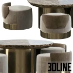 High-resolution 3D model of Moka luxury round marble dining table with four velvet upholstered stools and brass bases