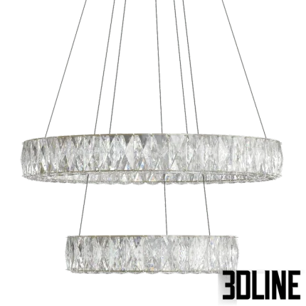 High-resolution 3D model of Monroe crystal LED chandelier with two tiered rings of faceted crystals and polished metal suspension