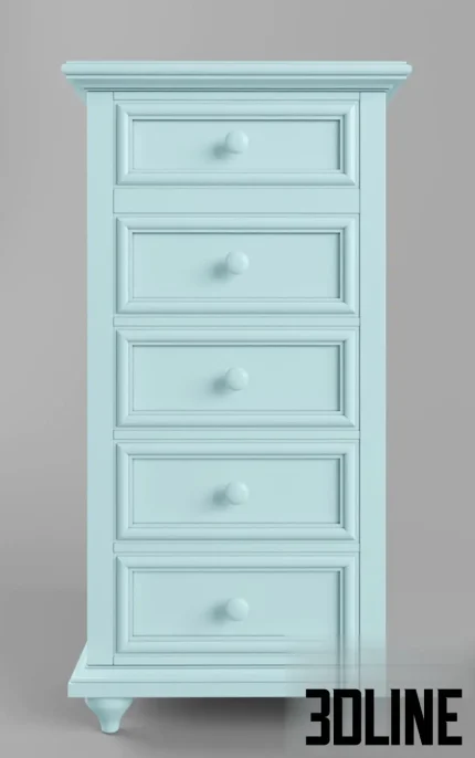High-quality 3D model of MyHaven tall single chest of drawers with five paneled drawers and round knobs in light blue finish