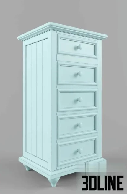 High-quality 3D model of MyHaven tall single chest of drawers with five paneled drawers and round knobs in light blue finish
