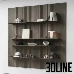High-resolution 3D model of NG5 floating wall shelf with thin metal shelves and wood paneled background with scattered decor
