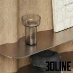 High-resolution 3D model of NG5 floating wall shelf with thin metal shelves and wood paneled background with scattered decor
