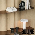 High-resolution 3D model of NG5 floating wall shelf with thin metal shelves and wood paneled background with scattered decor