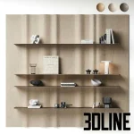 High-resolution 3D model of NG5 floating wall shelf with thin metal shelves and wood paneled background with scattered decor