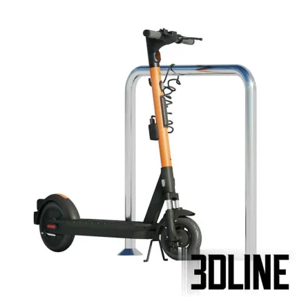 High-resolution 3D model of Ninebot MAX Pro electric scooter locked to a metal parking column for urban environment visualization